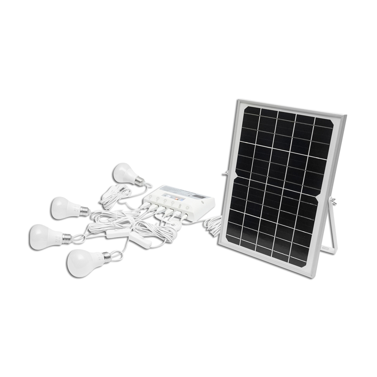 Sistem pentru iluminat cu 4 becuri LED, panou solar 9V/12W si 1xUSB incarcare telefon Breckner Germany