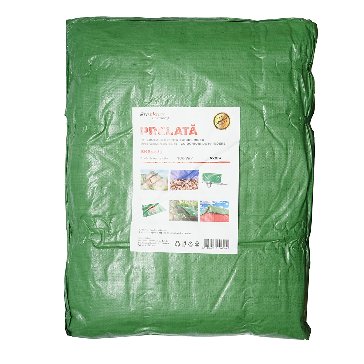 Prelata cu ochiuri de prindere 100g/m2 verde 6x8m Breckner Germany