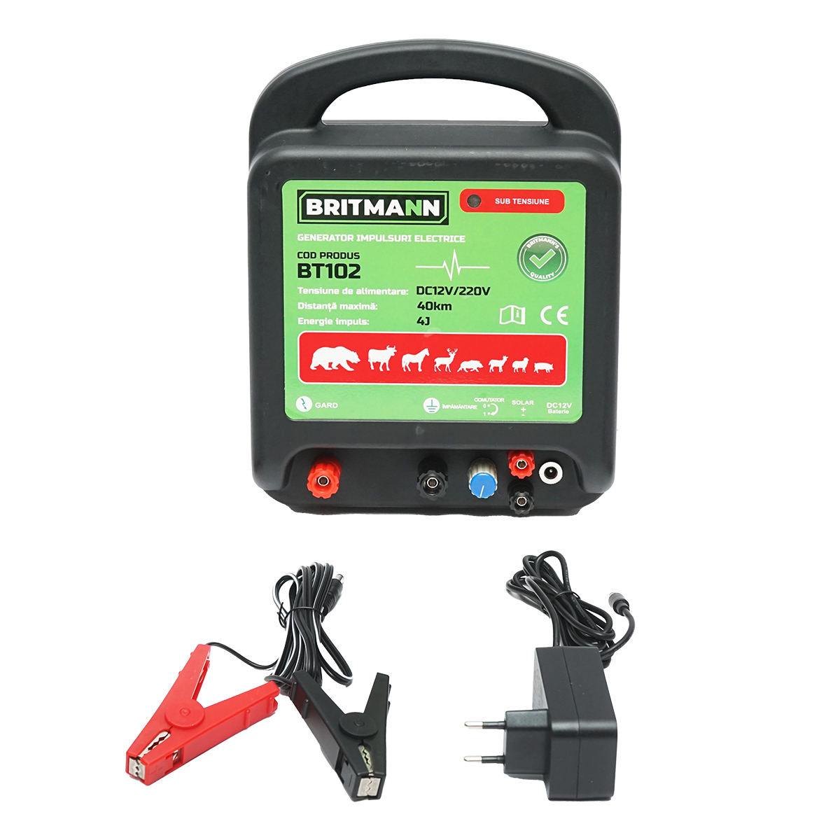 Aparat generator de impulsuri DC 12/220V, 4 Joule 40km pentru gard electric BRITMANN