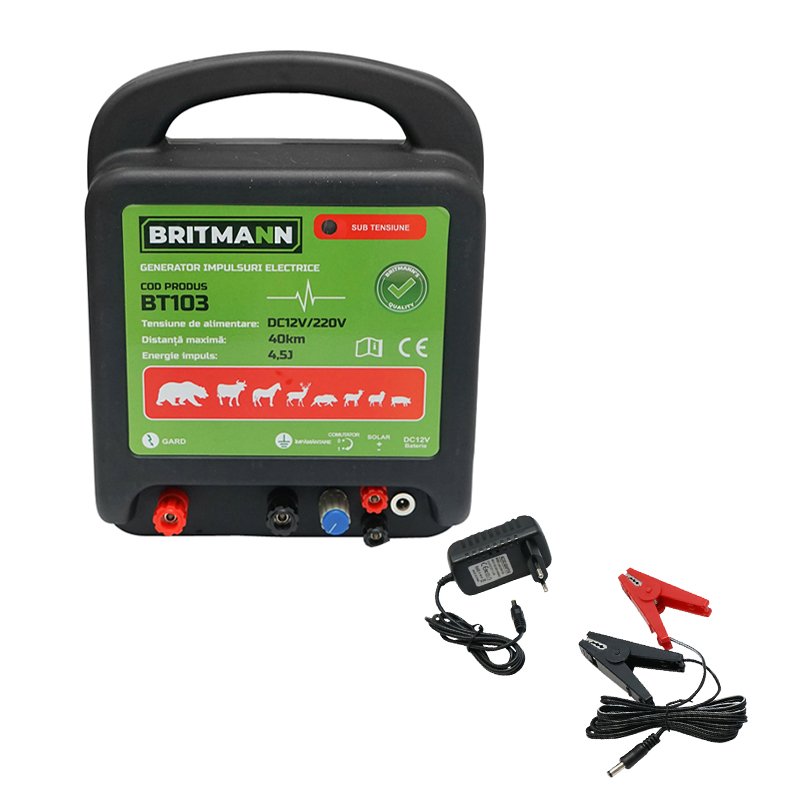 Aparat generator de impulsuri DC 12/220V, 4.5 Joule 40km pentru gard electric BRITMANN