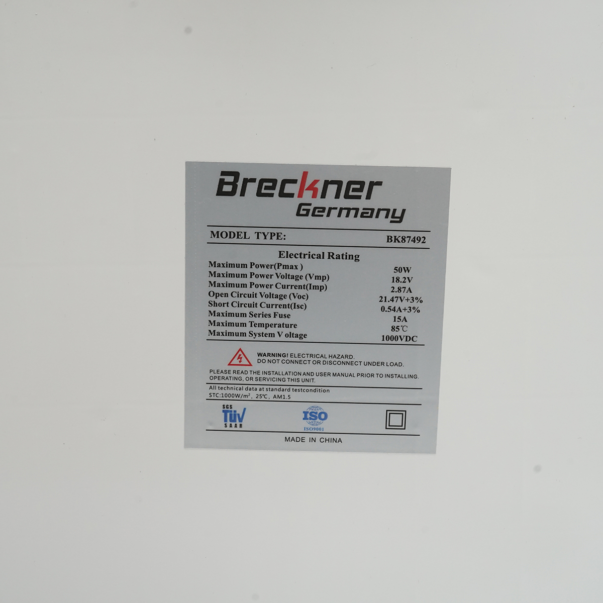 Panou solar 50W fotovoltaic policristalin cu cablu 90cm si tensiune maxima de 18V 670x530x20mm Breckner Germany – imagine 3