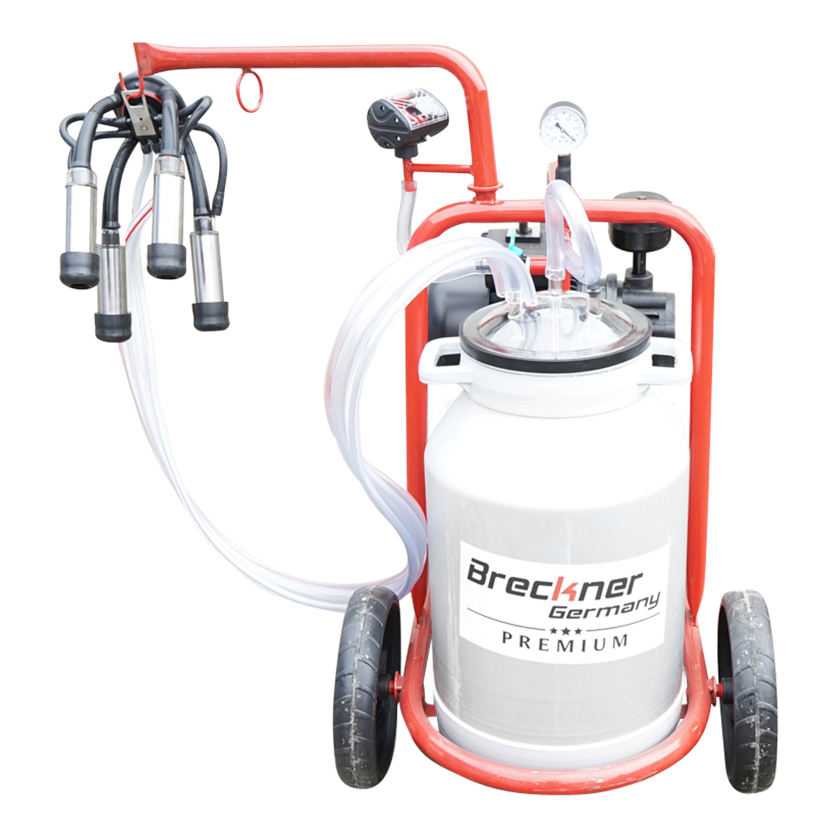 Aparat de muls vaci cu grup colector 160cc, sasiu vopsit electrostatic, bidon aluminiu 30L, 1 post Breckner Germany