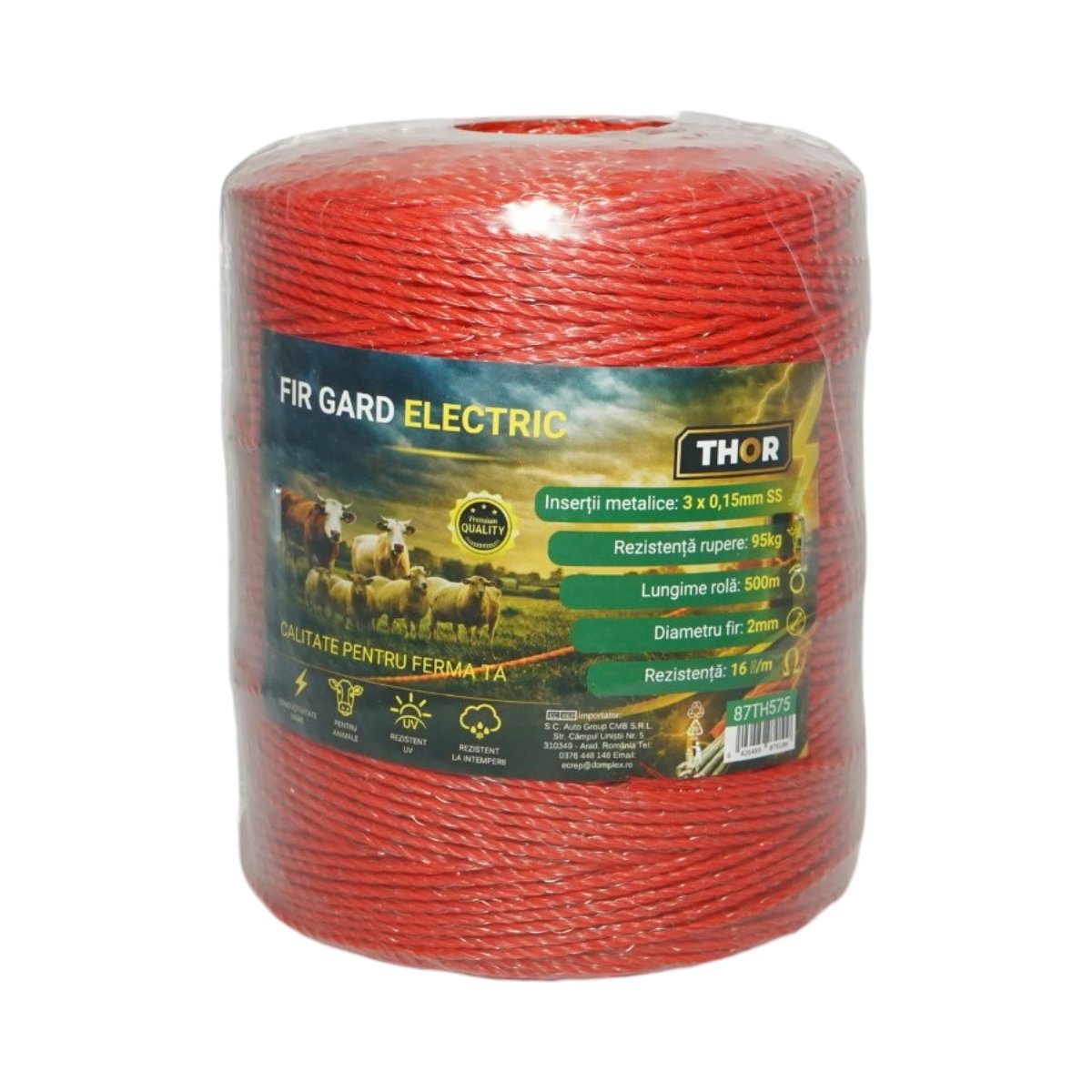 Rola fir portocaliu fi 2mm insertie metalica 3x0.15mm SS, rezistenta 16 Ohm/m, 500m gard electric THOR