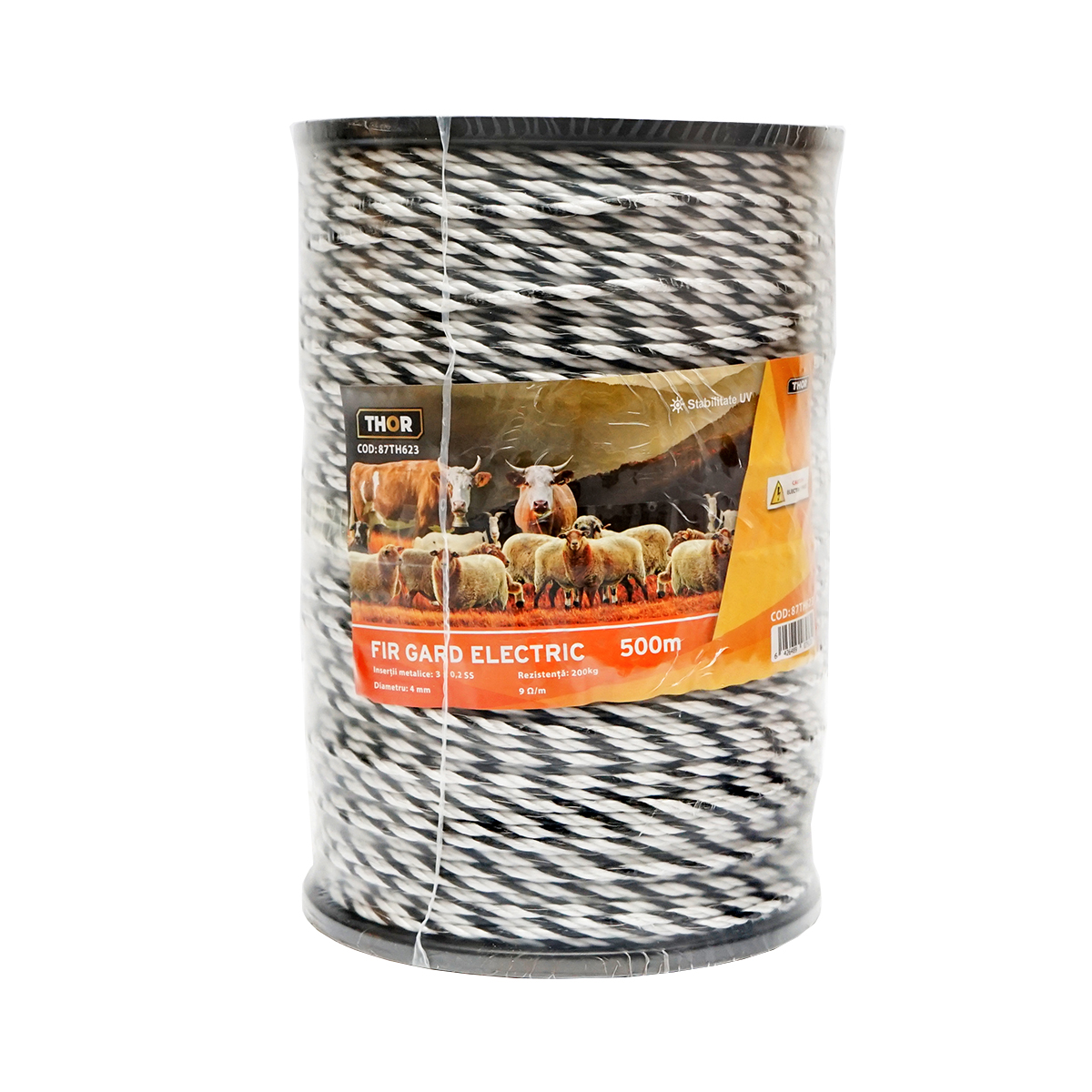 Rola fir alb-negru fi 4mm insertie metalica 3x0.2mm SS, rezistenta 9 Ohm/m, 500m gard electric Thor