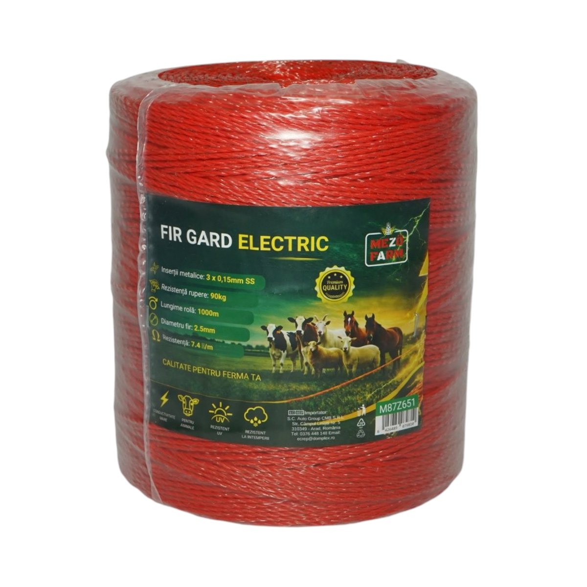 Rola fir portocaliu fi 2.5mm insertie metalica 3x0.15mm SS, rezistenta 7.4 Ohm/m, 1000m gard electric Mezofarm