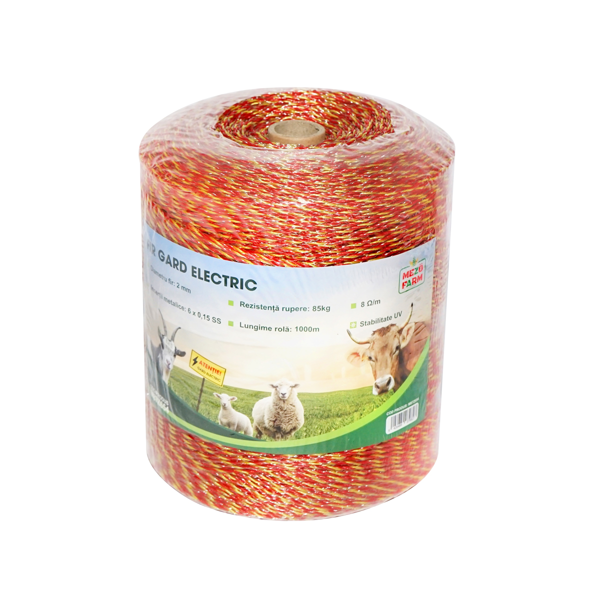 Rola fir galben-rosu fi 2mm insertie metalica 6x0.15mm SS, rezistenta 8 Ohm/m, 1000m gard electric Mezofarm