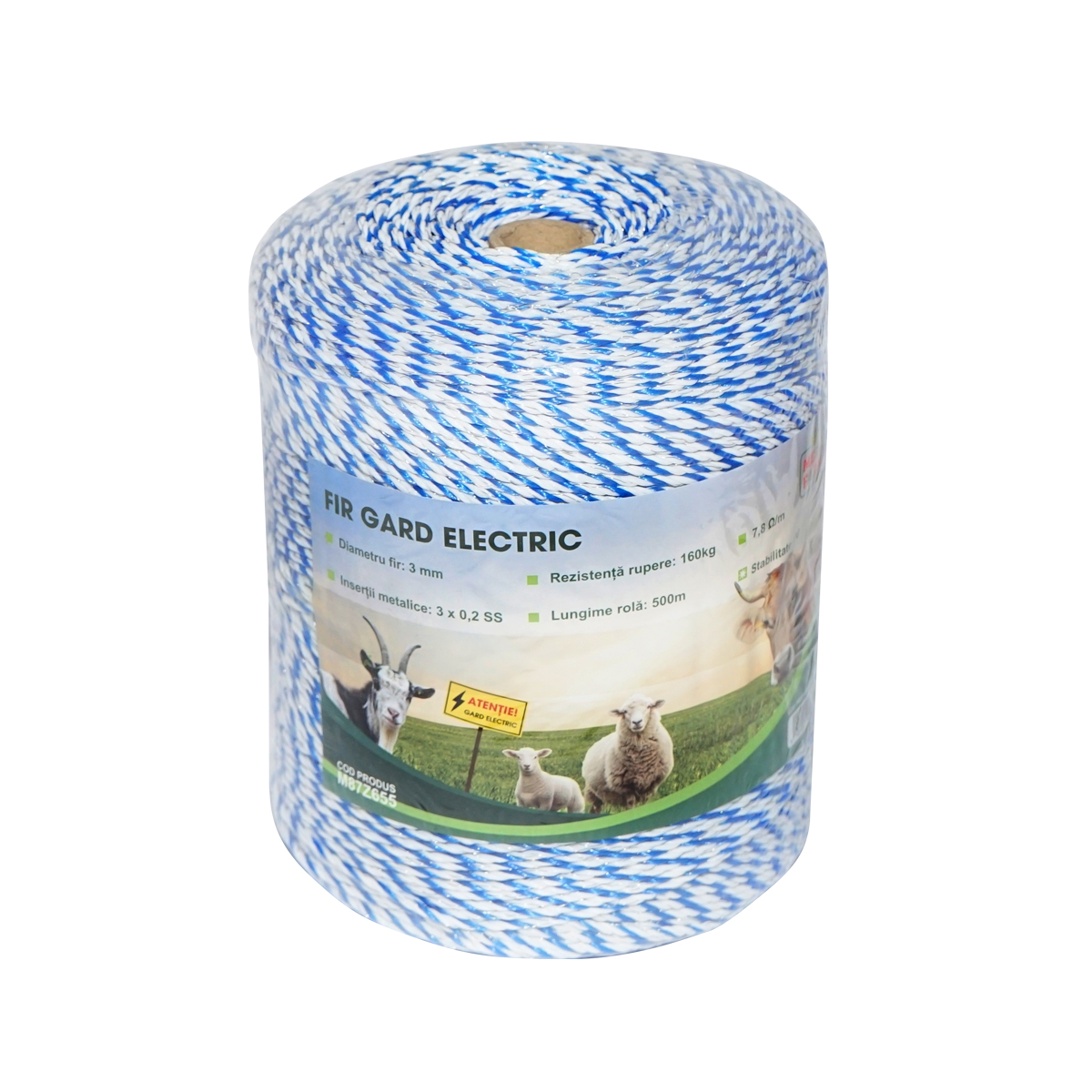 Rola fir alb-albastru 3mm insertie metalica 3x0.2mm SS, rezistenta 7.8 Ohm/m, 500m gard electric Mezofarm