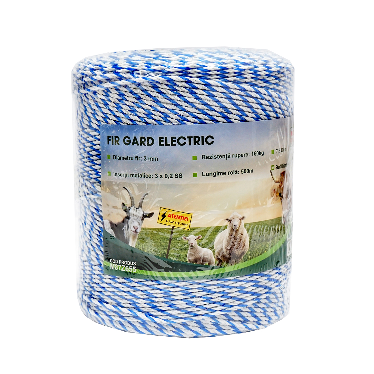 Rola fir alb-albastru 3mm insertie metalica 3x0.2mm SS, rezistenta 7.8 Ohm/m, 500m gard electric Mezofarm – imagine 2