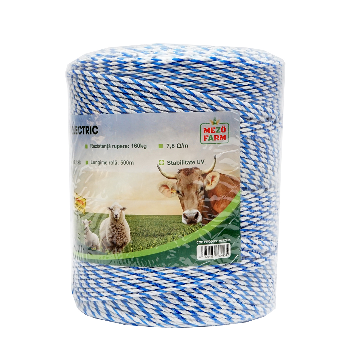 Rola fir alb-albastru 3mm insertie metalica 3x0.2mm SS, rezistenta 7.8 Ohm/m, 500m gard electric Mezofarm – imagine 3