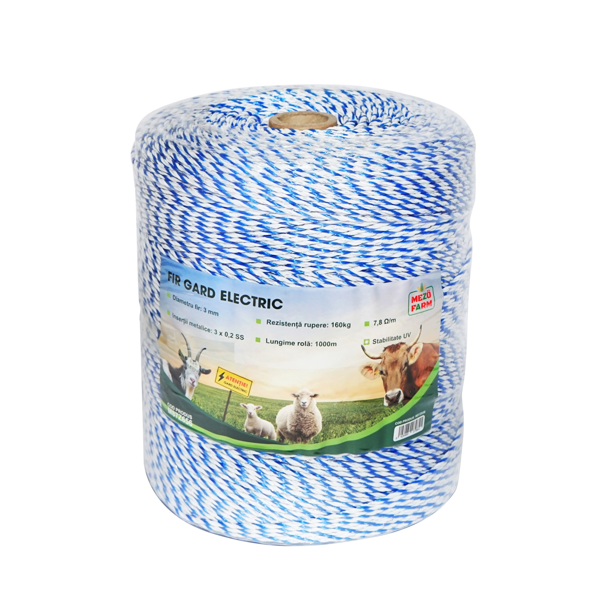 Rola fir alb-albastru 3mm insertie metalica 3x0.2mm SS, rezistenta 7.8 Ohm/m, 1000m gard electric Mezofarm