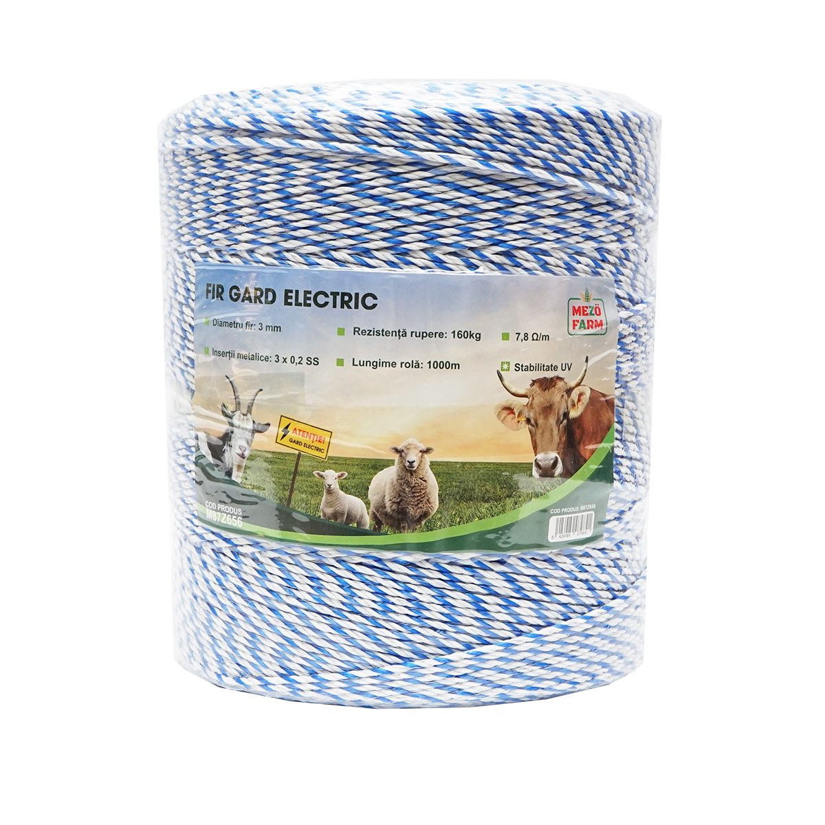 Rola fir alb-albastru 3mm insertie metalica 3x0.2mm SS, rezistenta 7.8 Ohm/m, 1000m gard electric Mezofarm – imagine 2