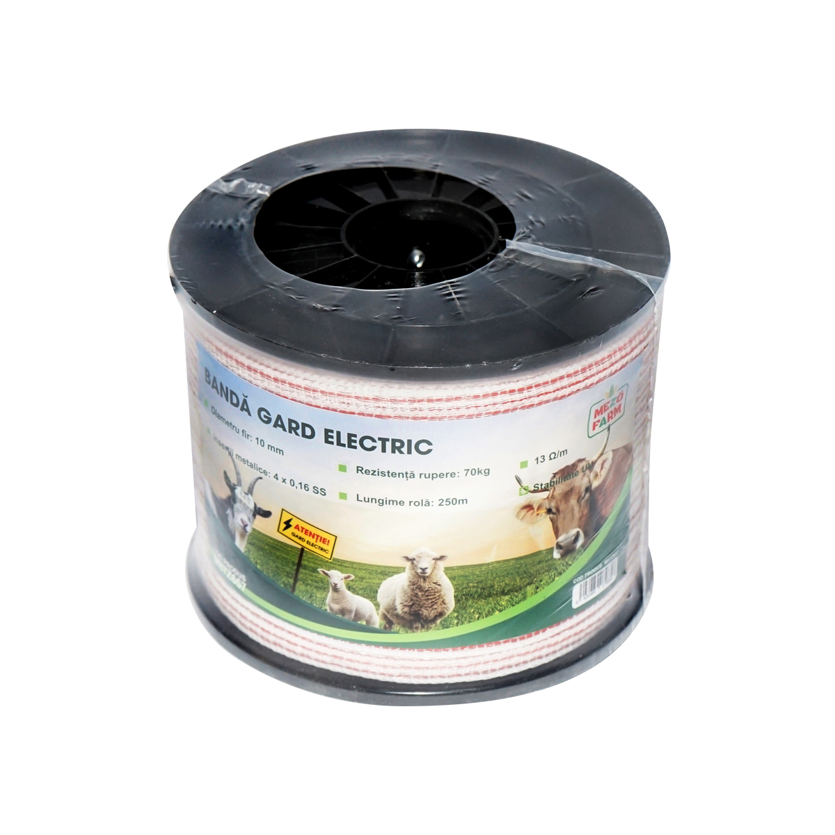 Rola banda rosu-alb 10mm insertie metalica 4x0.16mm SS, rezistenta 13 Ohm/m, 250m gard electric Mezofarm – imagine 3
