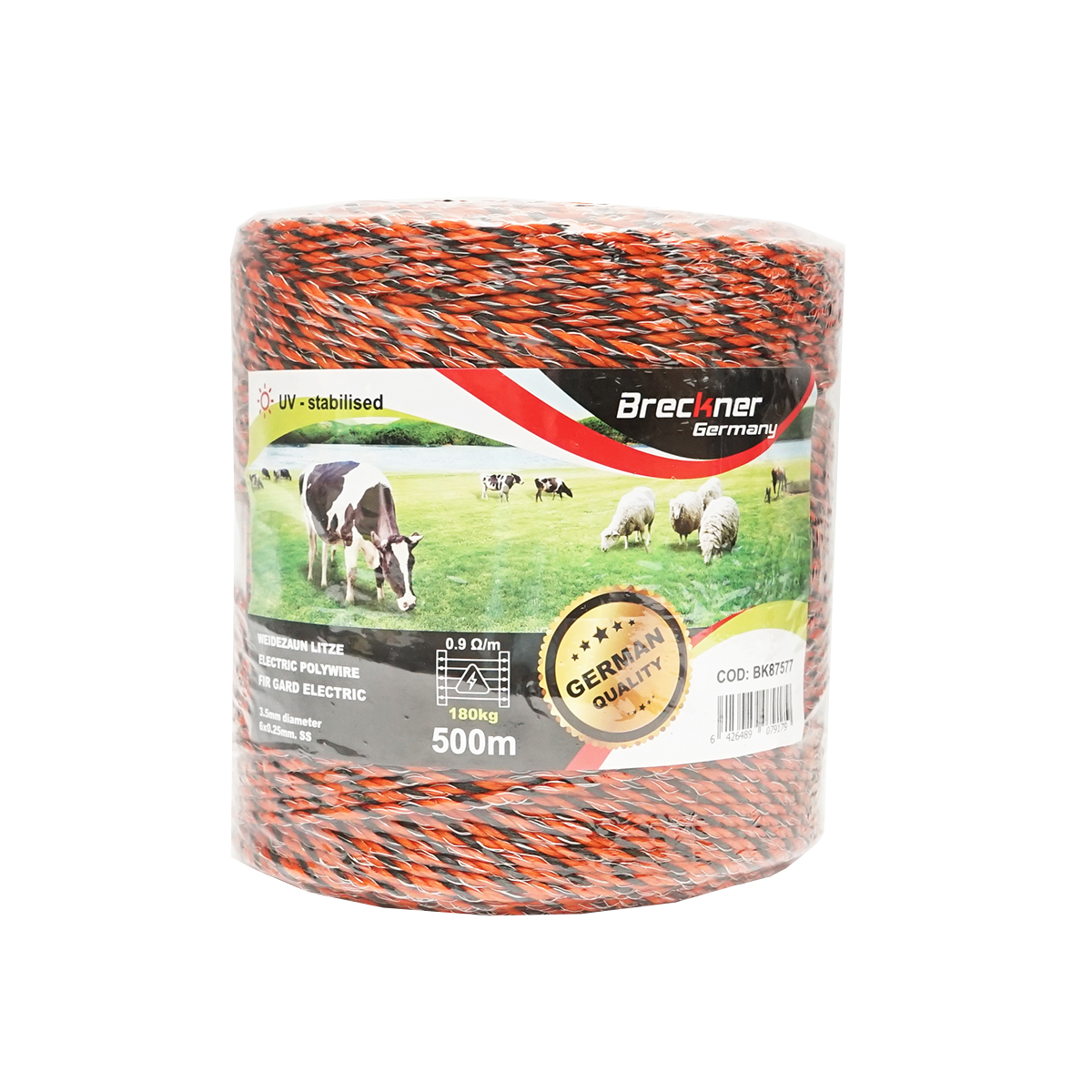 Rola fir portocaliu-negru fi 3.5mm 6x0.25mm SS, 0.9 Ohm/m, 500m gard electric Breckner Germany