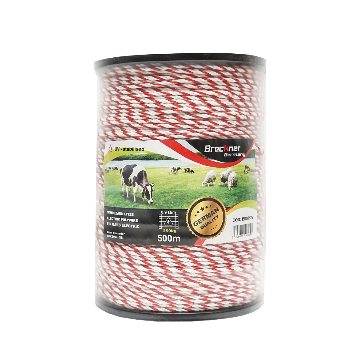 Rola fir alb-rosu fi 4mm 6x0.2mm SS, 0.9Ohm/m, 500m gard electric Breckner Germany