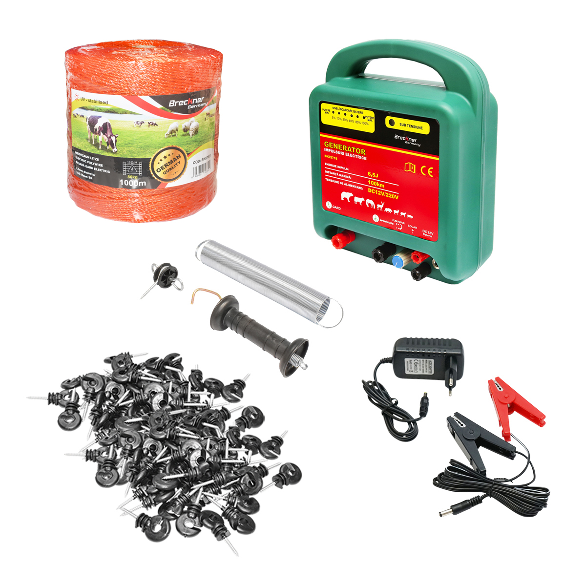 Kit complet gard electric 12/220V 6.5 Joule lungime fir 1000m, 100 izolatori Britmann