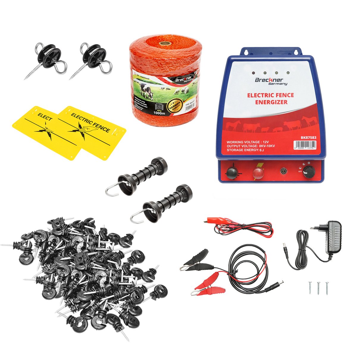 Kit complet gard electric 12/220V, 6 Joule lungime fir 1000m, 100 izolatori Breckner Germany