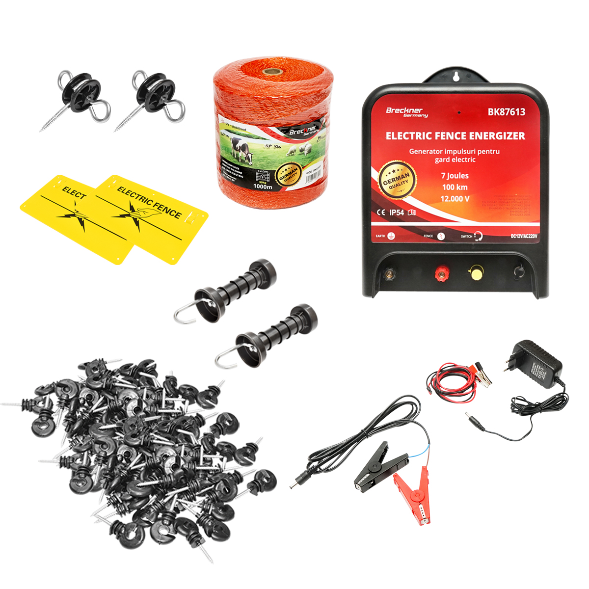Kit complet gard electric 12/220V, 7 Joule lungime fir 1000m, 100 izolatori si placute avertizare Breckner Germany