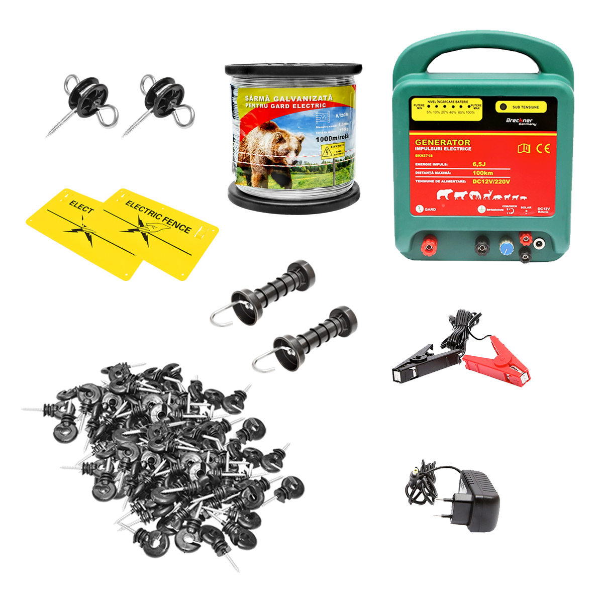 Kit complet gard electric 12/220V, 6,5 Joule lungime sarma 1000m, 100 izolatori si placute avertizare Britmann