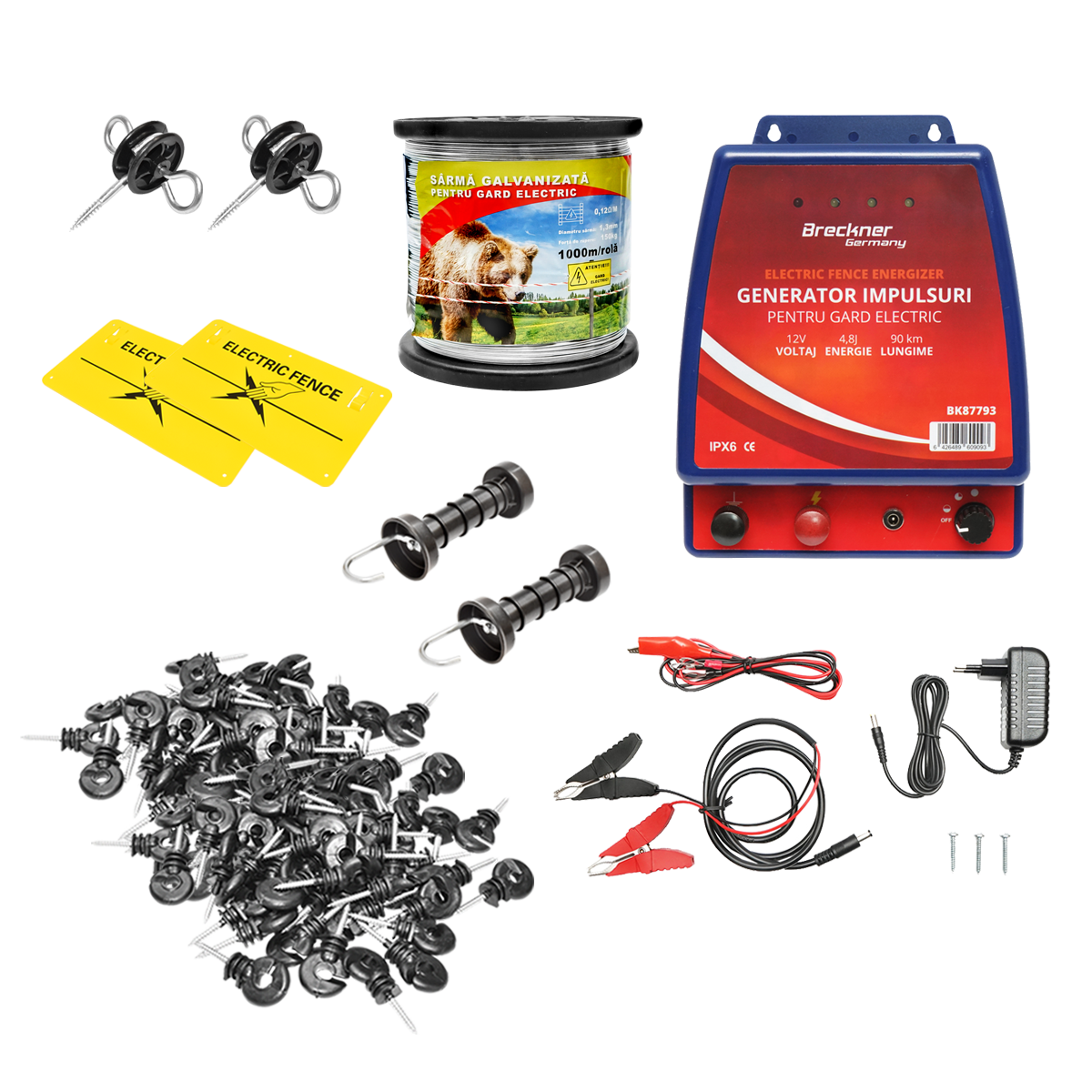 Kit complet gard electric 12/220V, 4.8 Joule lungime fir 1000m, 100 izolatori si placute avertizare Breckner Germany