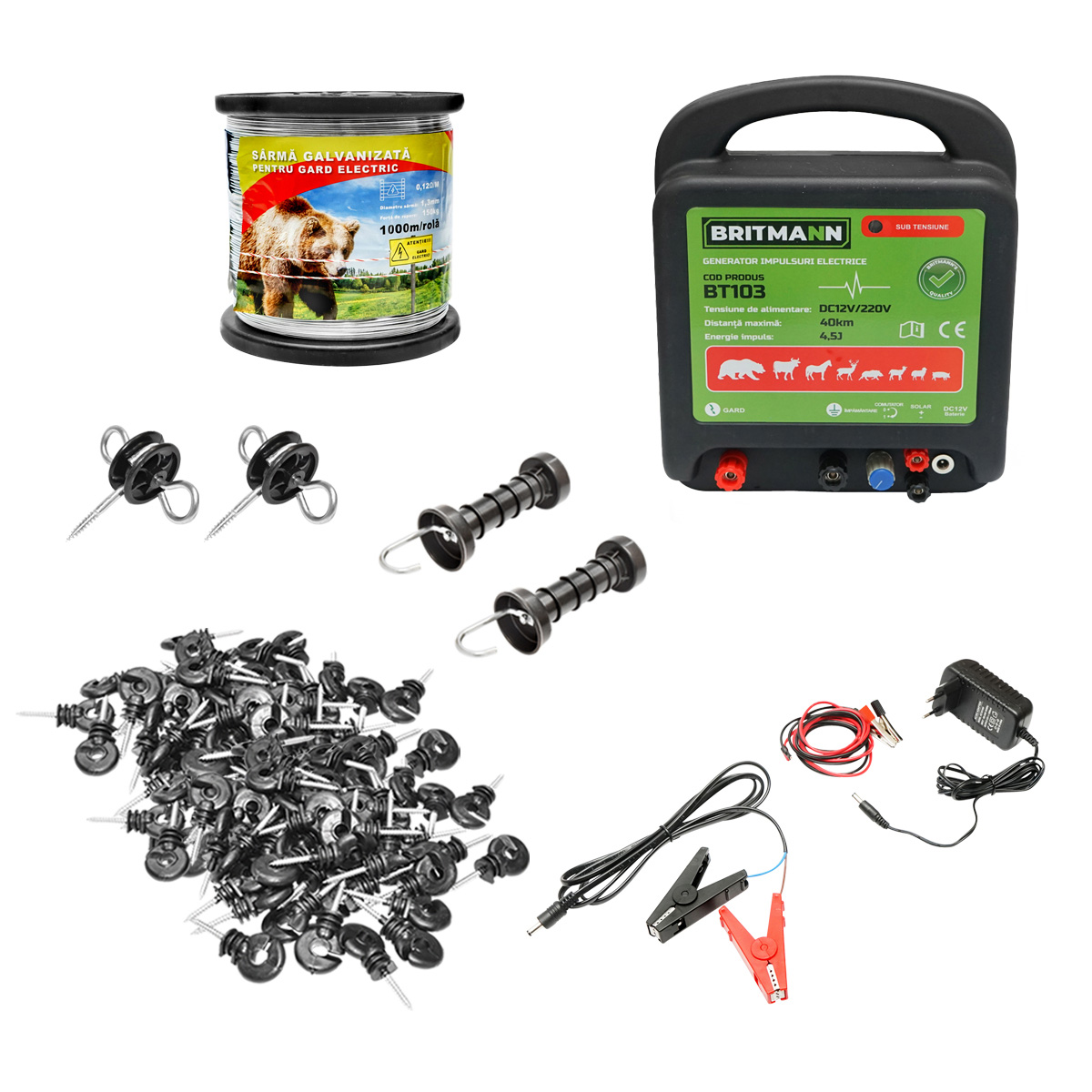 Kit complet gard electric 12/220V, 4.5 Joule lungime sarma 1000m, 100 izolatori Britmann