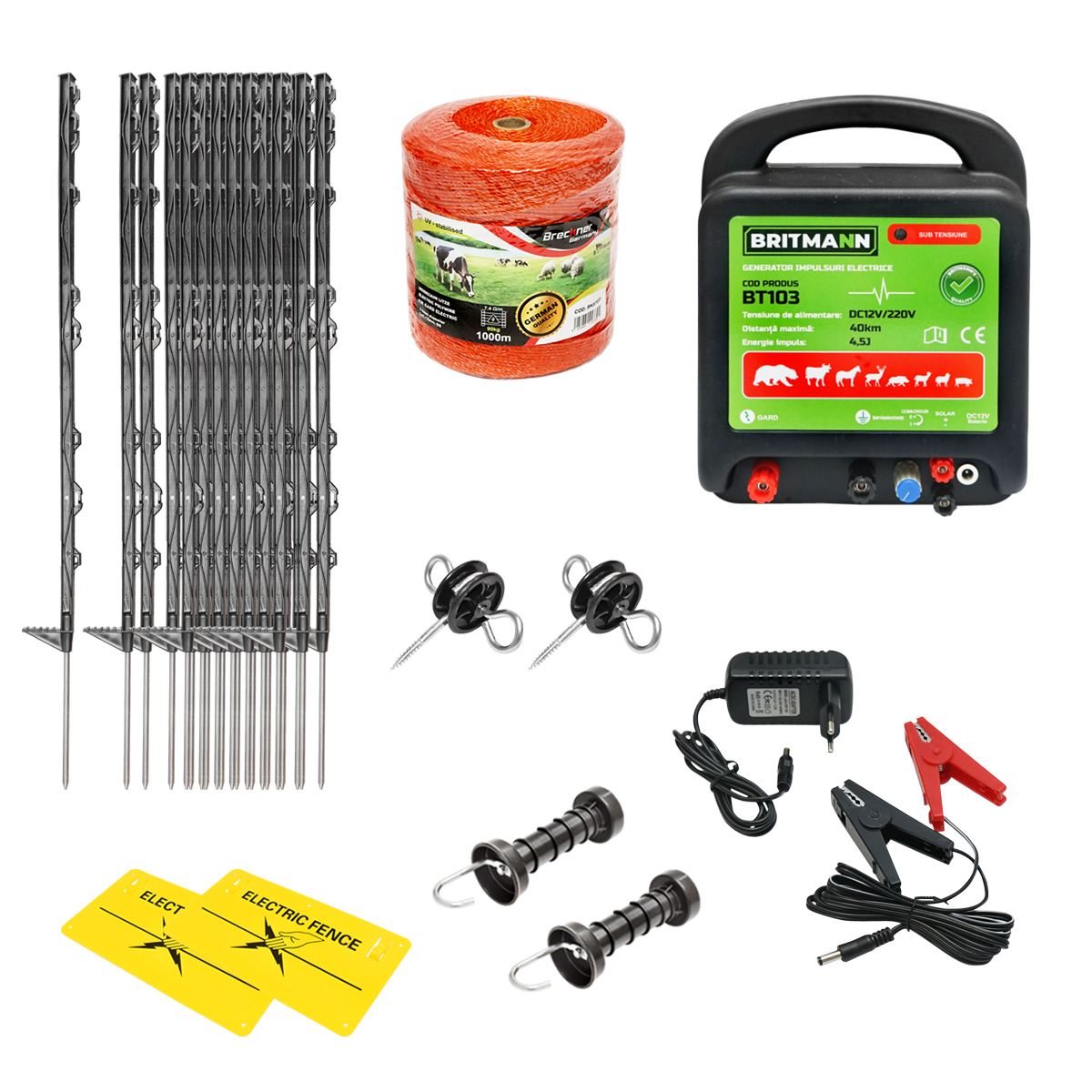 Kit complet gard electric 12/220V, 4.5 Joule lungime fir 1000m, 50 stalpi si placute avertizare Britmann