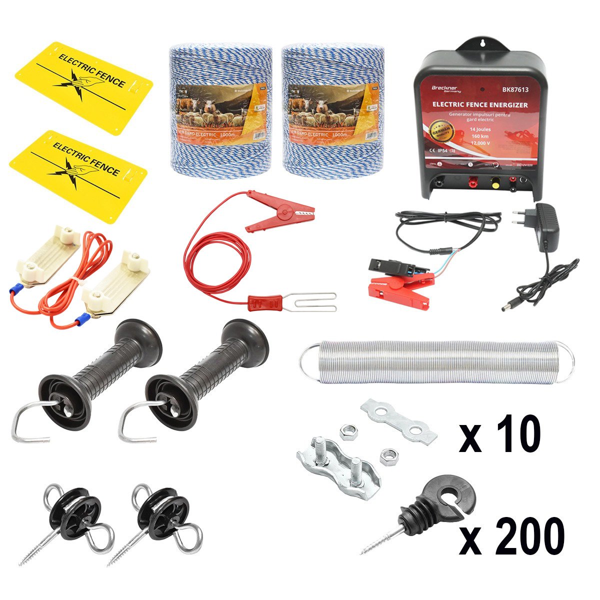 Kit complet gard electric 12/220V, 14 Joule lungime fir 2000m, 200 izolatori si placute avertizare Breckner Germany