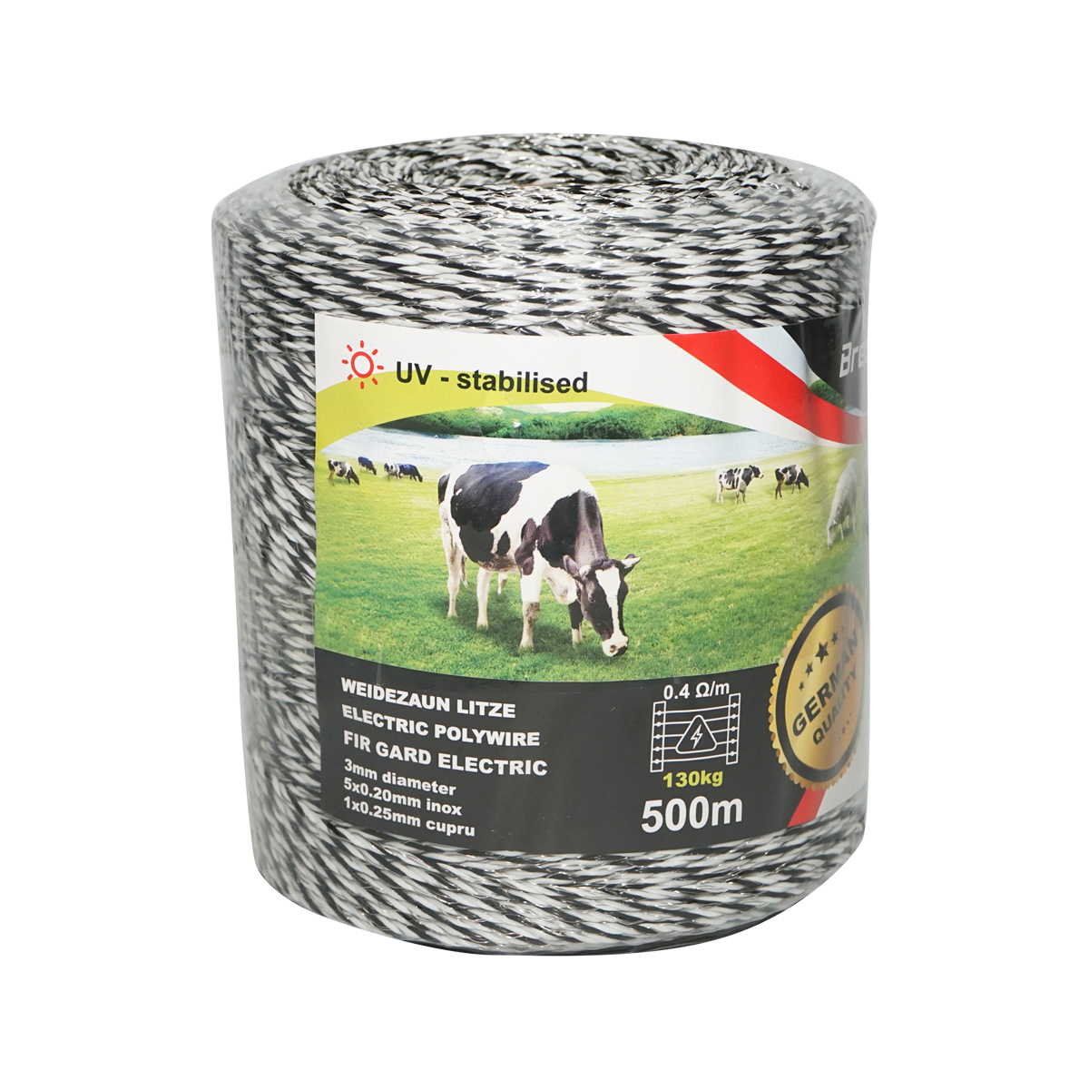 Rola fir negru-alb fi 3mm 5x0.2mm inox, 1x0.25 cupru 0.4 Ohm/m, 500m gard electric Breckner Germany
