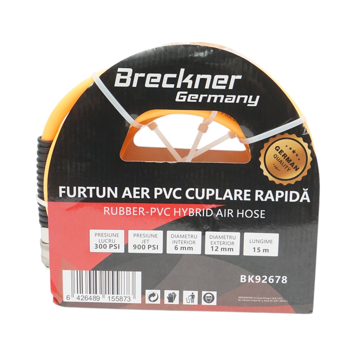 Furtun aer compresor profesional 15m din PVC si cuplare rapida universala Breckner Germany