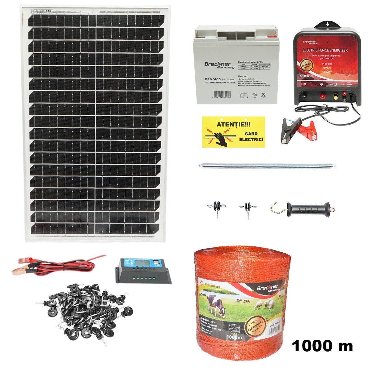 Kit complet gard electric 12V 14 Joule cu panou solar 30W lungime fir 1000m, 100 izolatori, kit poarta, regulator tensiune 10A si baterie 12V/17Ah Breckner Germany