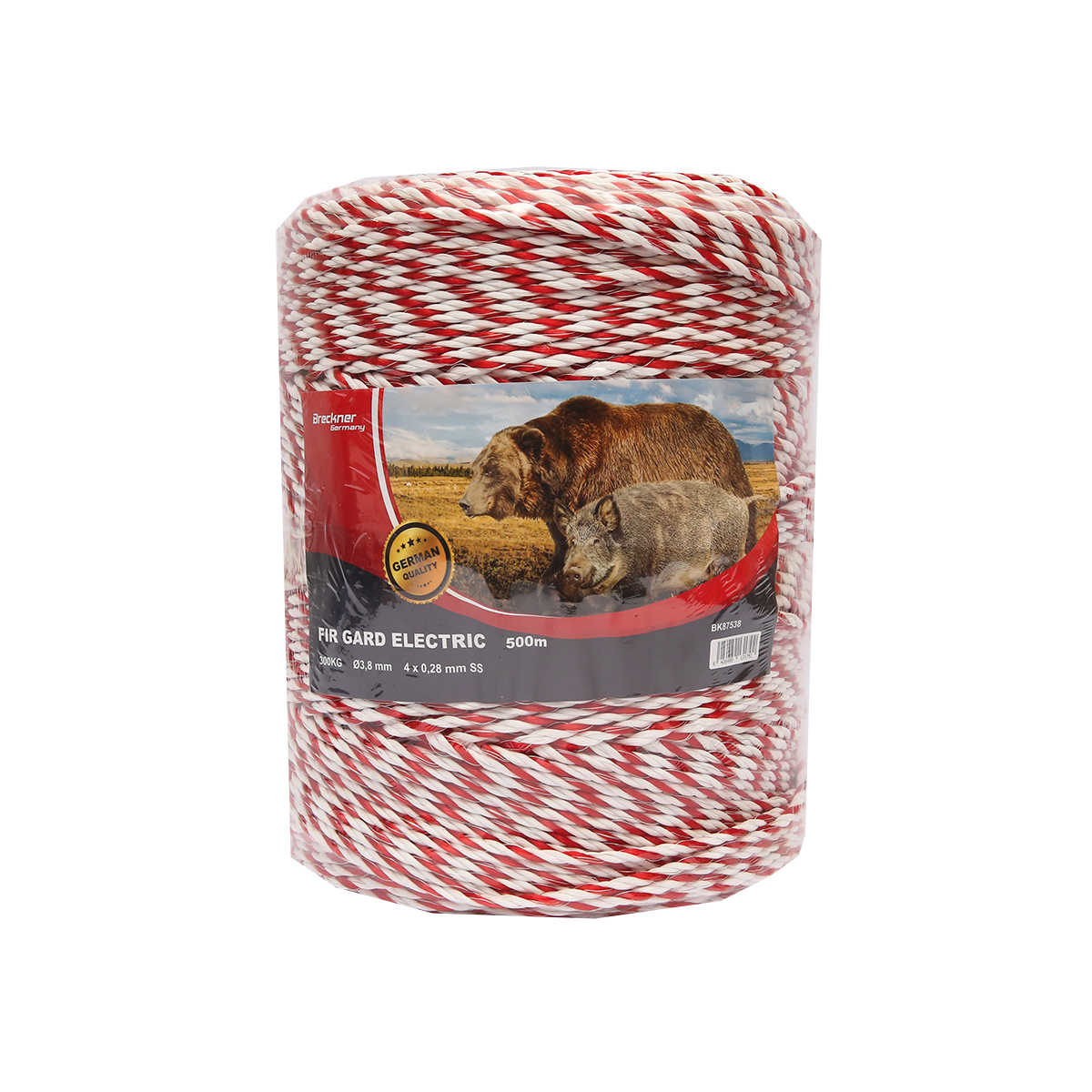 Rola fir alb-rosu fi 3.8mm insertie metalica 4x0.28mm SS, 500m gard electric Breckner Germany