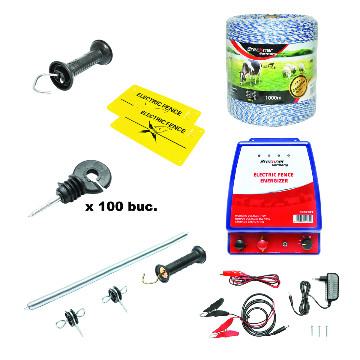 Kit complet gard electric 12/220V, 12 Joule, lungime fir 1000m, 100 izolatori, maner, poarta si 2 placute avertizare Breckner Germany
