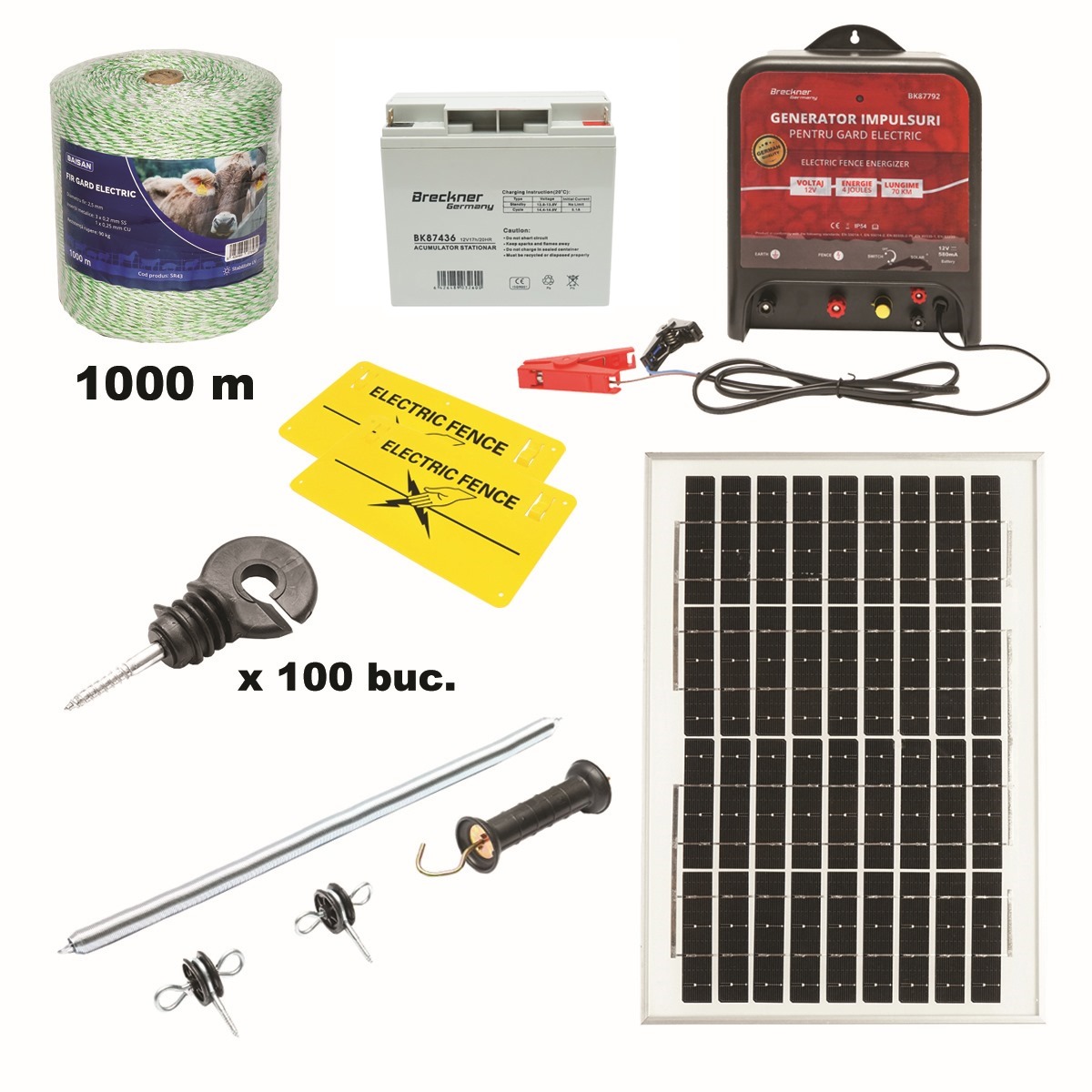 Kit complet gard electric 12V, 9 Joule cu panou solar 20W, lungime fir 1000m, 100 izolatori, maner, poarta si 2 placute avertizare Breckner Germany