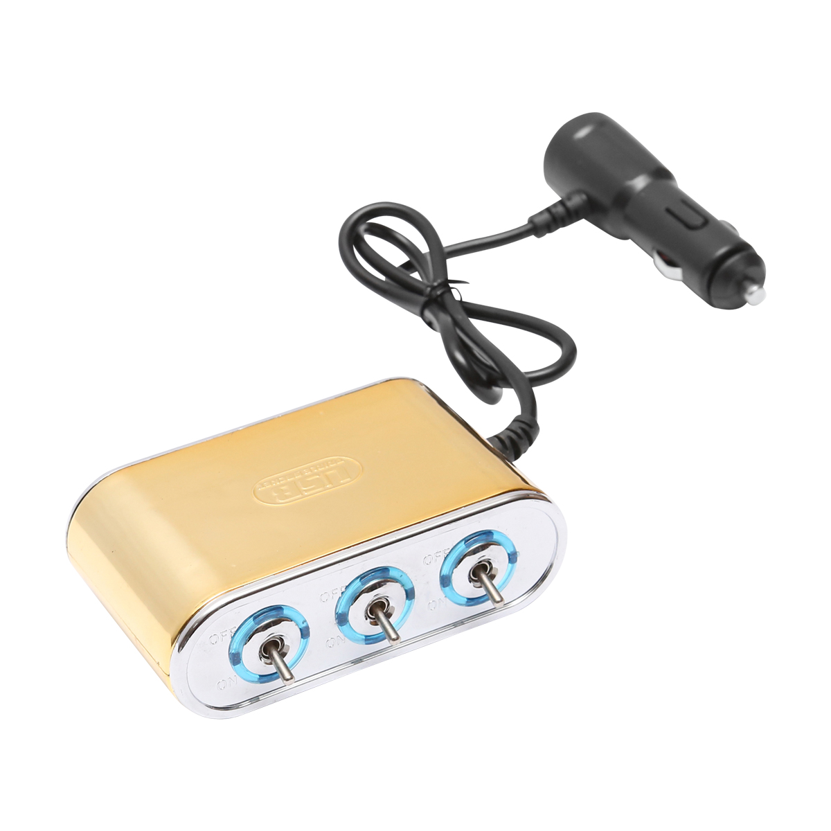 Adaptor bricheta auto tripla 12/24V auriu cu intrerupator individual si 1 port USB 5V 2.1A – imagine 2