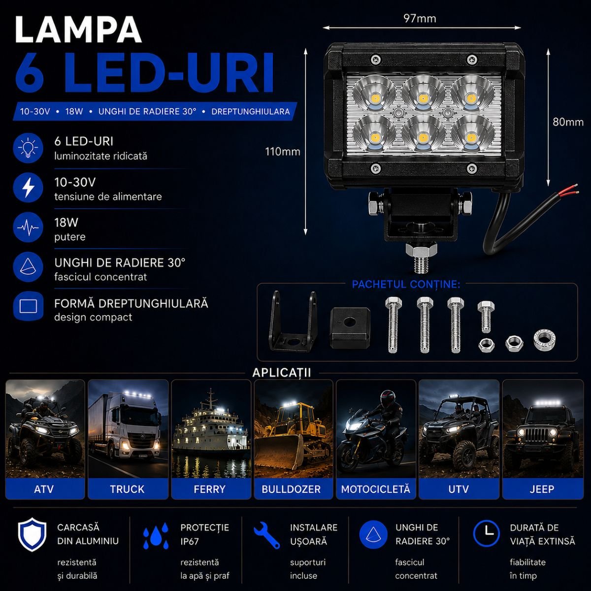 Proiector dreptunghiular 6 LED-uri 10-30V 18W 6000K unghi radiere 30 de grade tip spot 97x80mm IP67 Breckner Germany – imagine 3